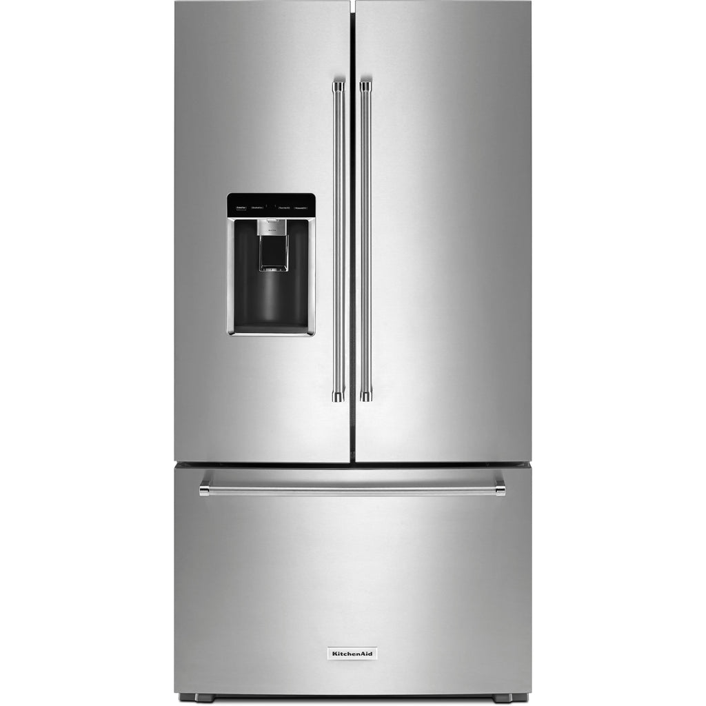 KitchenAid Réfrigérateur trois portes avec porte à deux battants à profondeur de comptoir de 36 po, 23.8 pi cu avec distributeur d'eau et de glaçons KRFC704FPS